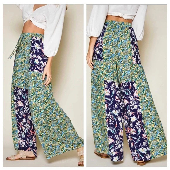 Lindsey boho chic wide leg mixed floral print pants - Picture 1 of 4